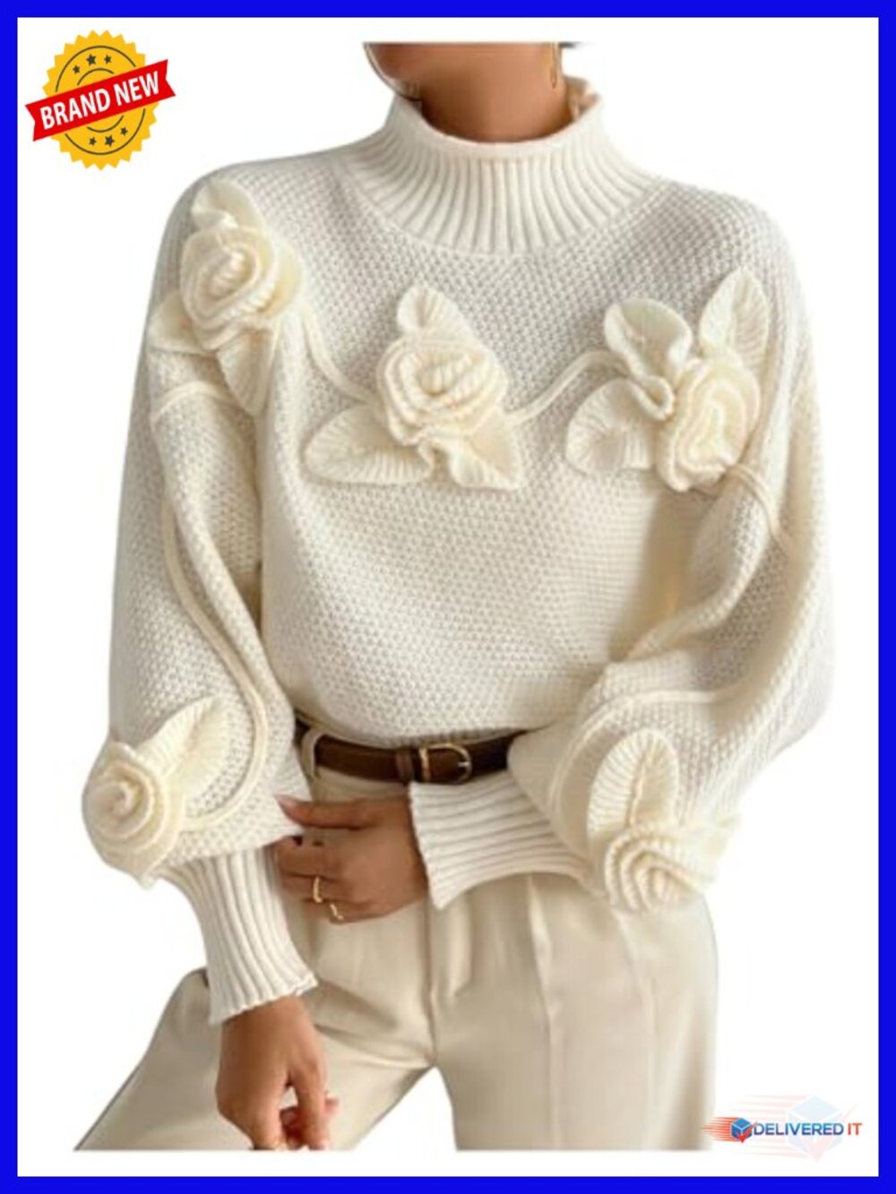 Floral Cable Knit Lantern Sleeve Sweater Pullover Women's
